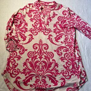 Women’s 3/4 Sleeve Blouse White w/ Pink Fleur Design Size Large Unbranded